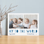 Oy to the World | 2 Photo Hanukkah Holiday Card<br><div class="desc">Whimsical Hanukkah photo card features two of your favourite family photos in a square format aligned side by side. "Oy to the World" appears beneath in blue cutout lettering. Personalise with your family name or names, custom greeting, and the year along the bottom. A funny and modern Hanukkah card designed...</div>
