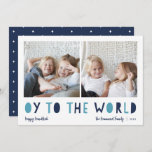 Oy to the World | 2 Photo Hanukkah Holiday Card<br><div class="desc">Whimsical Hanukkah photo card features two of your favourite family photos in a square format aligned side by side. "Oy to the World" appears beneath in blue cutout lettering. Personalise with your family name or names, custom greeting, and the year along the bottom. A funny and modern Hanukkah card designed...</div>