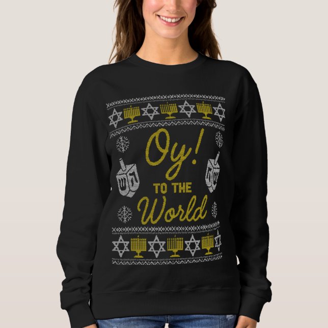Oy To The World Funny Hanukkah Sweater Style Jewis (Front)