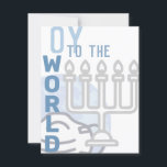 Oy To The World Funny Happy Hanukkah Blue Menorah Holiday Card<br><div class="desc">all text on this card is templated,  so it can be changed easily if you'd like. this obviously includes the signature on the backside as well. 

the front features graphics a an opaque globe wearing a mask in the background,  and a silver menorah outline off to the bottom right</div>