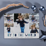 Oy to the World | Hanukkah Photo Collage Card<br><div class="desc">Whimsical Hanukkah photo card features five of your favourite family photos in a collage layout "Oy to the World" appears beneath in blue cutout lettering. Personalise with your family name or names, custom greeting, and the year along the bottom. Cards reverse to a pattern of white snow on blue stripes....</div>