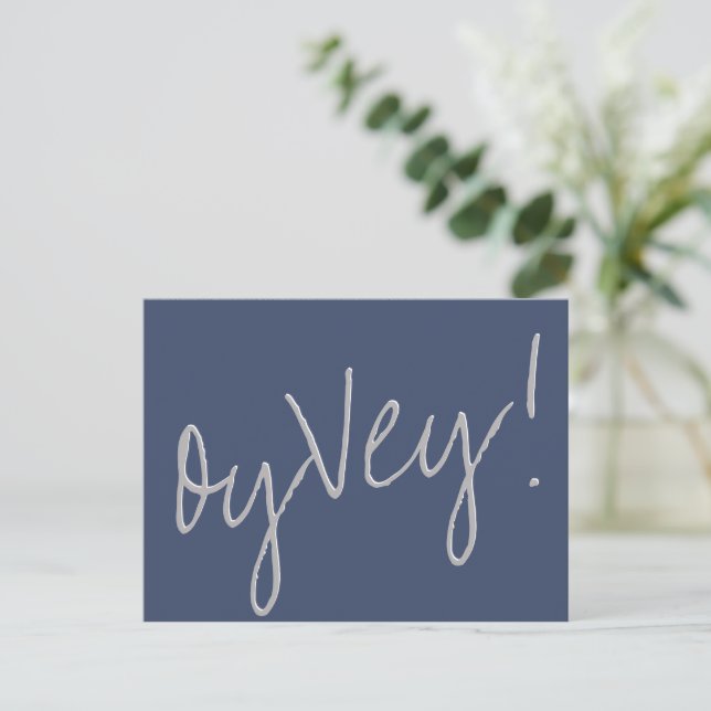 Oy Vey Script | Blue and Grey Postpone Bar Mitzvah Postcard (Standing Front)