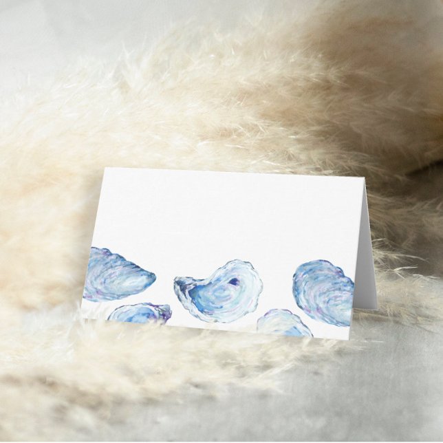 Oyster Blue Watercolor Beach Wedding Blank Place Card (Oyster Wedding Blank Folded Place Cards with elegant blue watercolor illustration. Concertina Press)