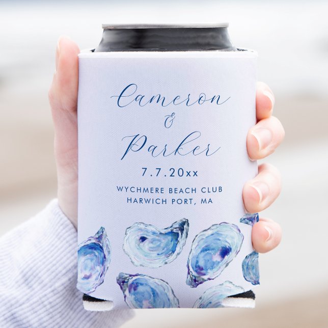 Oyster Blue Watercolor Wedding Favour Can Cooler (Oyster Wedding Custom Can Coozie with Blue Watercolor Shells for an Elegant Coastal Wedding Favor)