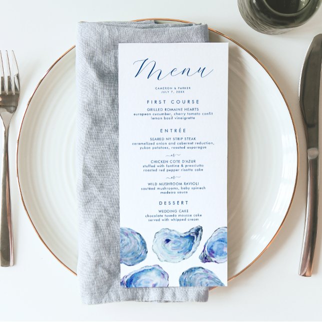 Oyster Blue Watercolor Wedding Menu (Oyster Wedding Menu with three meal options and Elegant blue watercolor oyster shell illustrations)