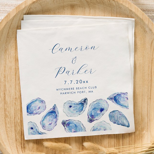 Oyster Blue Watercolor Wedding Napkin (Personalized Oyster Wedding Napkins for an elegant blue coastal wedding from Concertina Press)