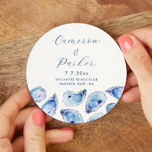 Oyster Blue Watercolor Wedding Round Paper Coaster