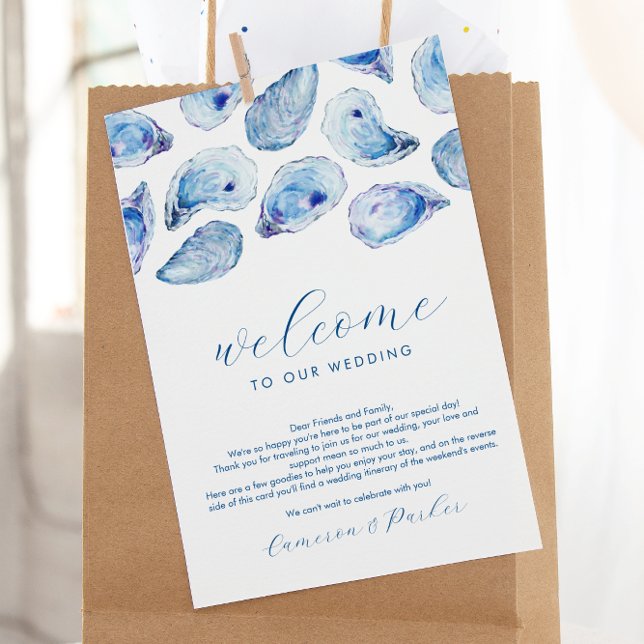 Oyster Blue Watercolor Wedding Welcome Itinerary Thank You Card (Oyster Watercolor Wedding Welcome Letter with itinerary and wedding weekend schedule of events)
