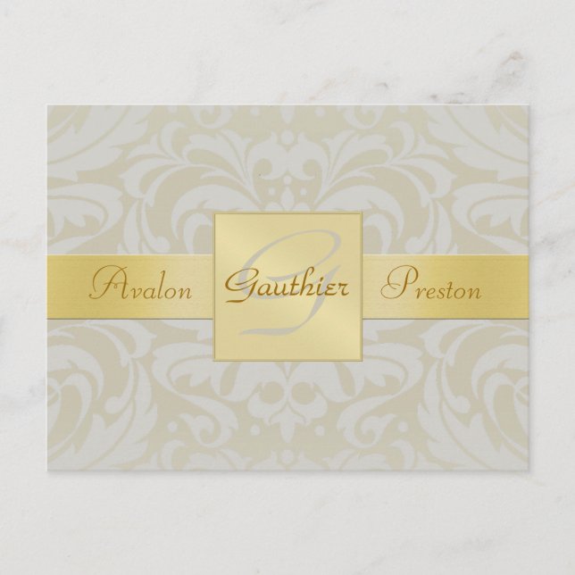Oyster Damask Gold Monogram Save The Date Postcard (Front)