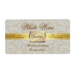 Oyster Damask Gold Monogram Wedding Wine Label