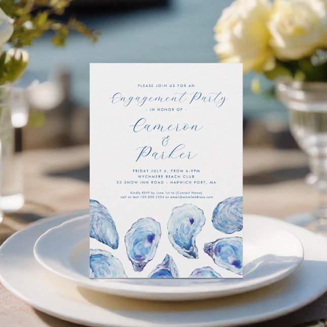 Oyster Engagement Party Blue Watercolor Invitation (Oyster Engagement Party Invitation with elegant blue watercoor oyster shells from Concertina Press)