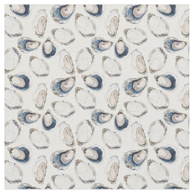 Oyster Half Shell Pattern in Blue Tan and White Fabric (Close Up)