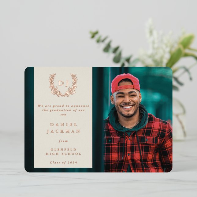 Oyster Monogram + Laurel Graduation Announcement (Standing Front)