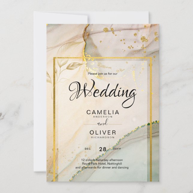 Oyster Pearl Gold WEDDING Alcohol Ink Abstract Invitation (Front)