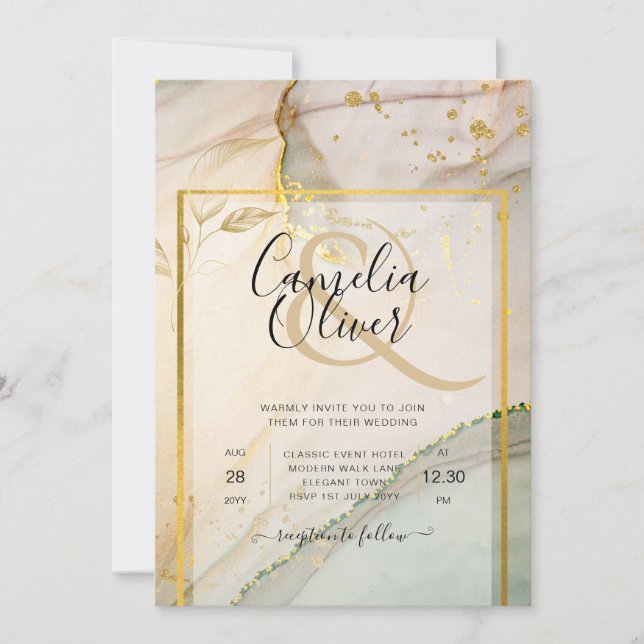 Oyster Pearl Gold WEDDING Alcohol Ink Abstract Invitation (Front)