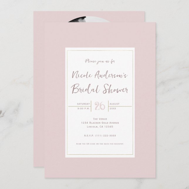 Oyster Pink & Gold Modern Minimal Bridal Shower Invitation (Front/Back)