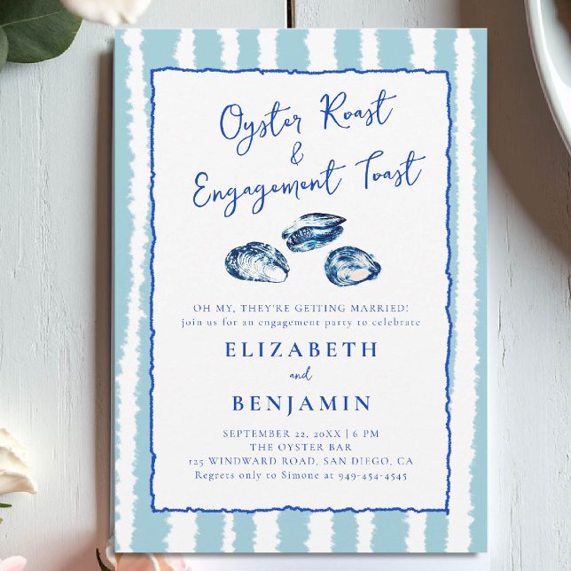 Oyster Roast Blue Stripes Casual Engagement Party Invitation (nautical engagement invitation oyster party coastal seaside yacht club boat beach hand drawn stripes)