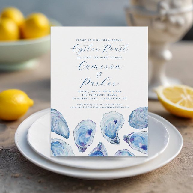 Oyster Roast Casual Engagement Party Watercolor Invitation (Lowcountry Oyster Roast Invitation with elegant blue watercolor for an engagement party)