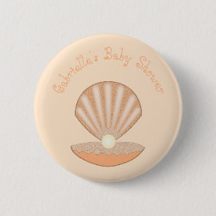 Oyster shell and Pearl Gender Neutral Baby Shower 6 Cm Round Badge