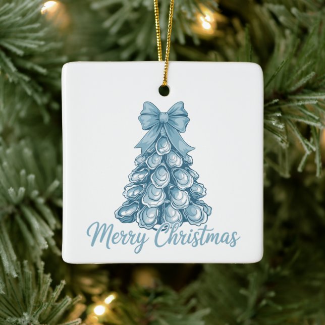 Oyster Tree Bow Preppy Merry Christmas Coquette Ceramic Ornament (Tree)