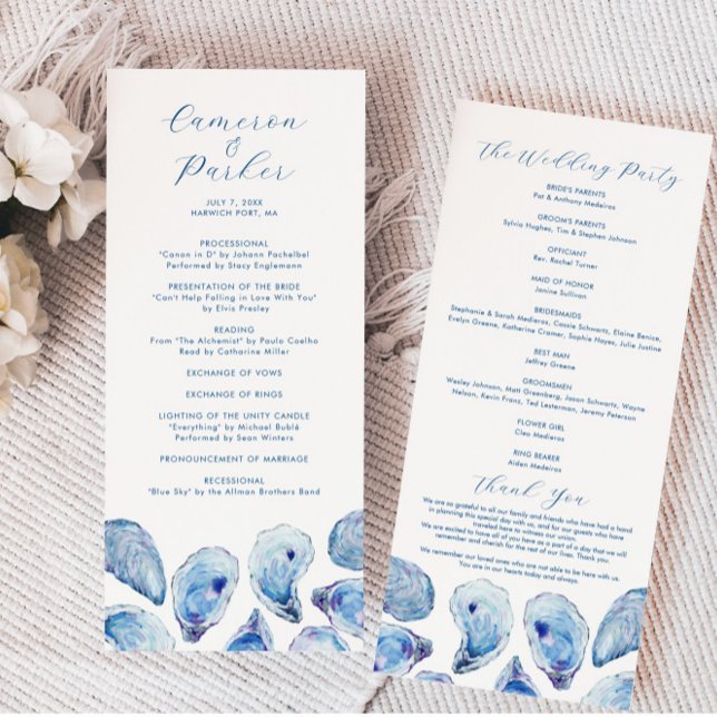 Oyster Watercolor Beach Wedding Double Sided Programme (Oyster Watercolor Beach Wedding Programs tall double sided editable from Concertina Press)