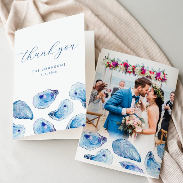 Oyster Watercolor Beach Wedding Folded Photo Thank You Card (Blue Watercolor Oyster Folded Thank You Card with Wedding Photo and inside message. Concertina Press)