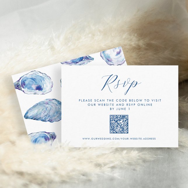 Oyster Wedding QR RSVP Blue Watercolor  Enclosure Card (Oyster online RSVP card with QR Code and Elegant blue watercolor oyster shells by Concertina Press)