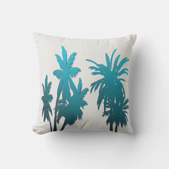 Oyster White Teal Aqua Blue Tropical Palm Tree Cushion (Front)