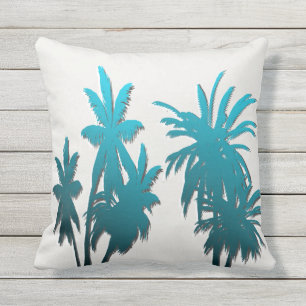 Oyster White Teal Aqua Blue Tropical Palm Tree Cushion