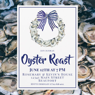 Oyster Wreath Blue Striped Ribbon Oyster Roast Invitation
