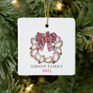 Oyster Wreath Christmas   Plaid Ribbon   Custom Ceramic Ornament