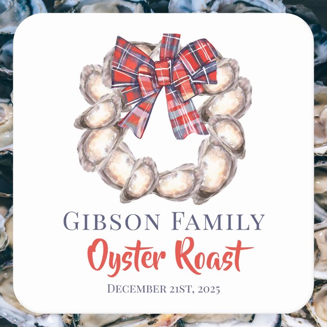 Oyster Wreath Plaid Ribbon Oyster Roast Custom Square Paper Coaster (Creator Uploaded)