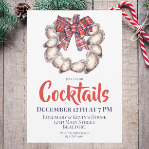 Oyster Wreath with Red Plaid Ribbon Cocktail Party Invitation