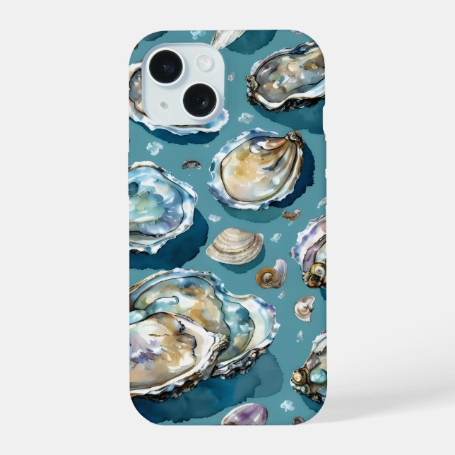 Oysters Clams Seashells Pattern Blue iPhone 15 Case (Back)