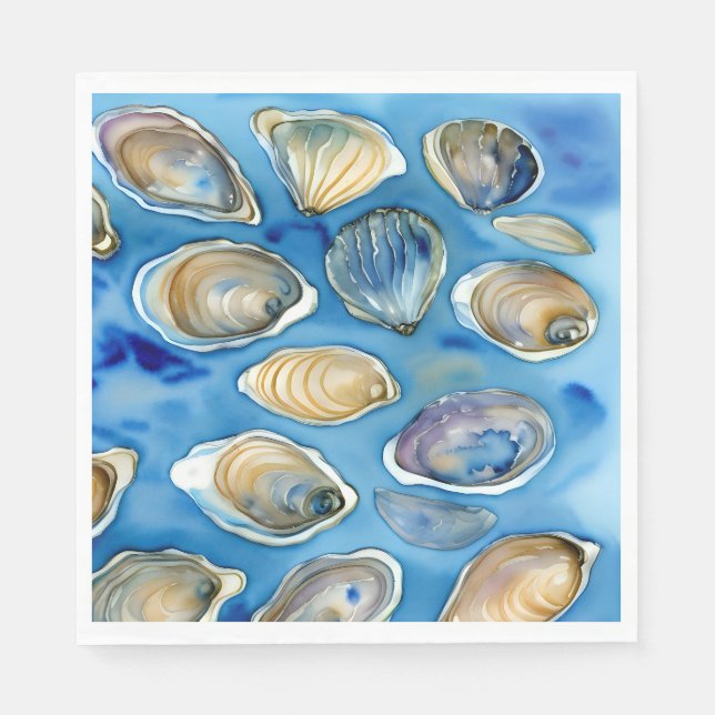 Oysters Clams Seashells Watercolor Blue Napkin (Front)