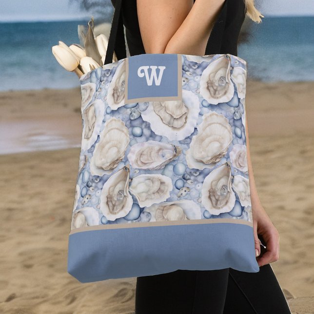 Oysters Delight Blue Grey Tan and Monogram Initial Tote Bag (Creator Uploaded)