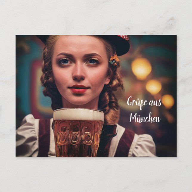 O'Zapft is! Frau im Dirndl mit Bier. München Wiesn Postcard (Front)