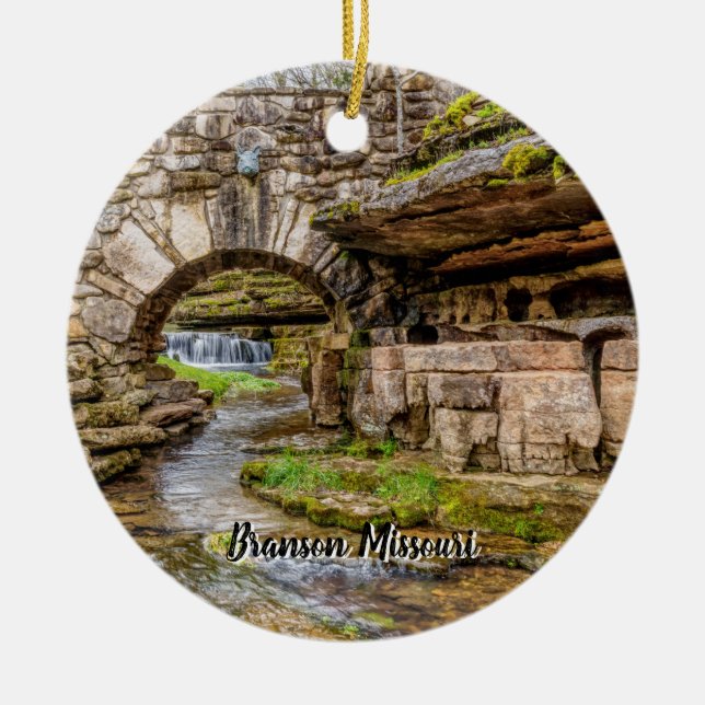 Ozarks Waterfall Under Bridge Circle Ornament (Front)