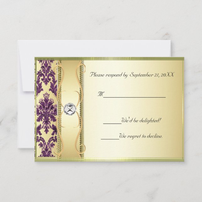 P1 Gold on Purple Damask RSVP Card (Front)