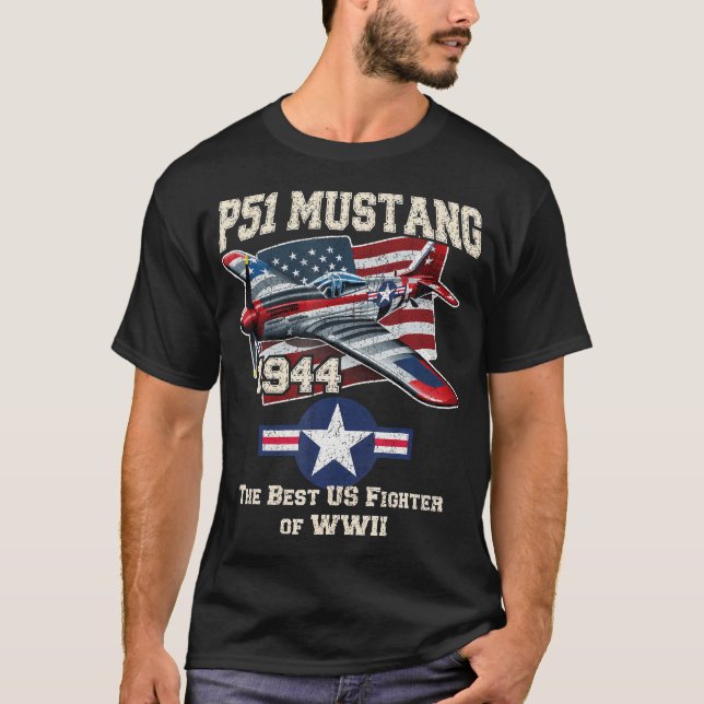P51 Mustang Ww2 Warbird Plane American Flag Milita T-Shirt (Front)