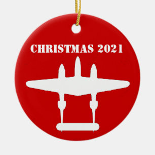 P-38 Lightning Christmas 202 Red & White Ceramic O Tree Decoration