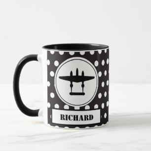 P-38 Silhouette in White Circle on Black Mug