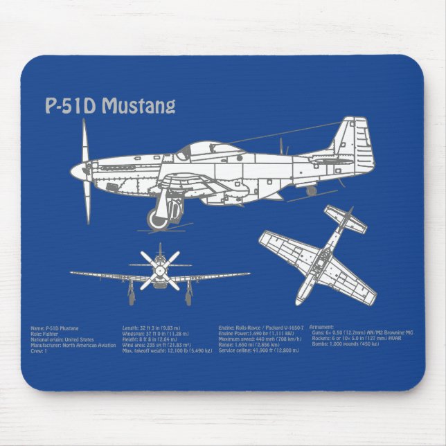 P-51D Mustang - Aeroplane Blueprint ABD Mouse Pad (Front)