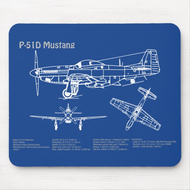 P-51D Mustang - Aeroplane Blueprint AD Mouse Pad (Front)