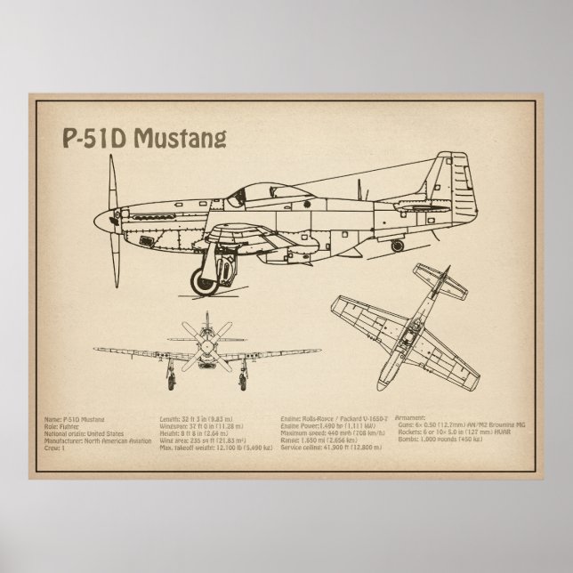 P-51D Mustang - Aeroplane Blueprint SD Poster (Front)