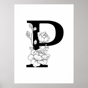 P botanical monogram. Letter initial with peonies Poster