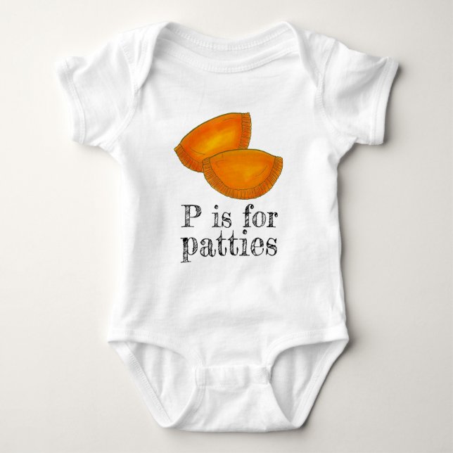 P is for PATTIES Jamaican Beef Patty Pastry ABCs Baby Bodysuit (Front)