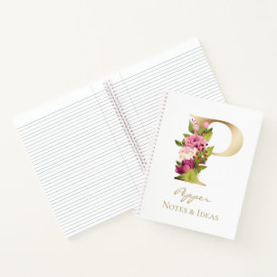 P Letter Gold Monogram Pink White Magenta Florals Notebook