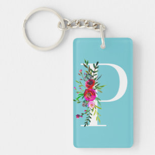 P Letter Initial Monogram Floral Custom Colour Key Ring