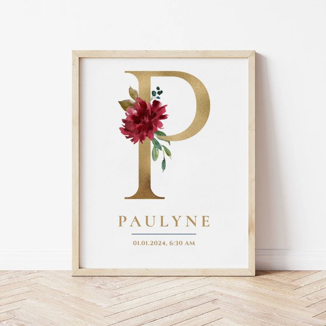 P Letter Monogram Name Marsala Floral Nursery Poster (Creator Uploaded)